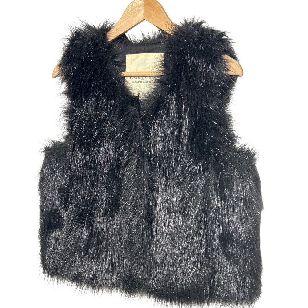 Denim & Supply Ralph Lauren Black Faux Fur Vest Women's Size M Fluffy Cozy